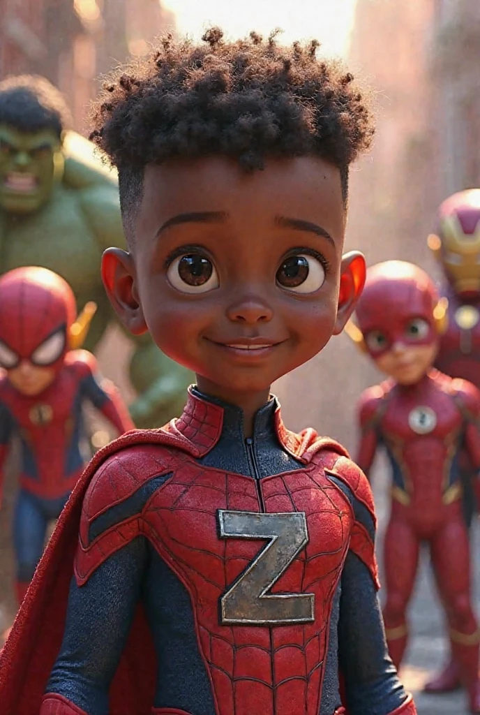 Create a Marvel Character Drawing, 6 year old boy, skin black,  eyes black, very curly blue and short hair, dressed in the black Spider-Man costume Miles Morales, releasing cobwebs through your hands,  full body and in the background buildings and the hulk and iron man
