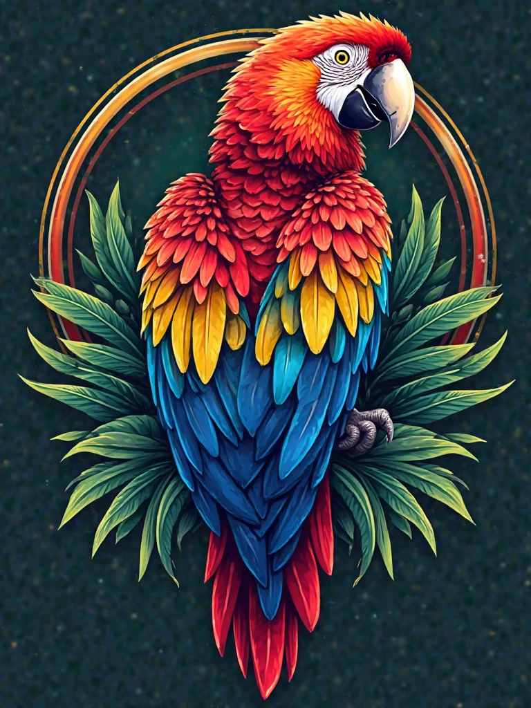 Macaw tattoo, tatoo, with arabesques highlighted, More Detailed, Improve, em desenho para tatoo, with arabesques on the sides, with more colorful details, with pink flowers, emphasis on the colorful open wings, facing the front, Improve o rosto