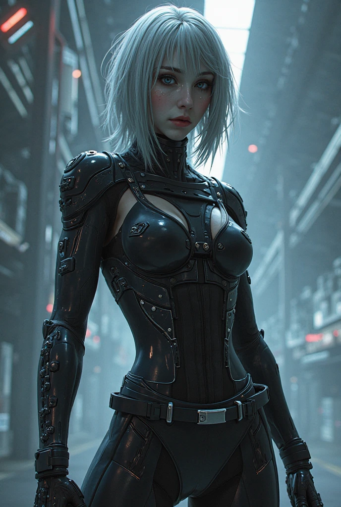 Beautiful woman , skinny build , short bob hair style , light blue hair , purple eyes , female, short , age 30,
Wearing an outfit with futuristic elements, seamlessly blended with the Final Fantasy universe. wears a tailored, military-inspired jacket in deep charcoal, adorned with intricate, laser-cut leather panels that reveal glimpses of metallic silver underneath. The jacket features sharp, angular lines and exaggerated lapels, Underneath, he sports a form-fitting, high-necked bodysuit in a deep shade of amethyst, with intricate embroidery . tailored trousers in charcoal gray, with sleek metallic accents and pockets, Waist up portrait, white background In art style of Olivier Coipel, Tom of Finland, Sean Platter and J Scott Campbell --ar 3:4 --style scenic --niji 5