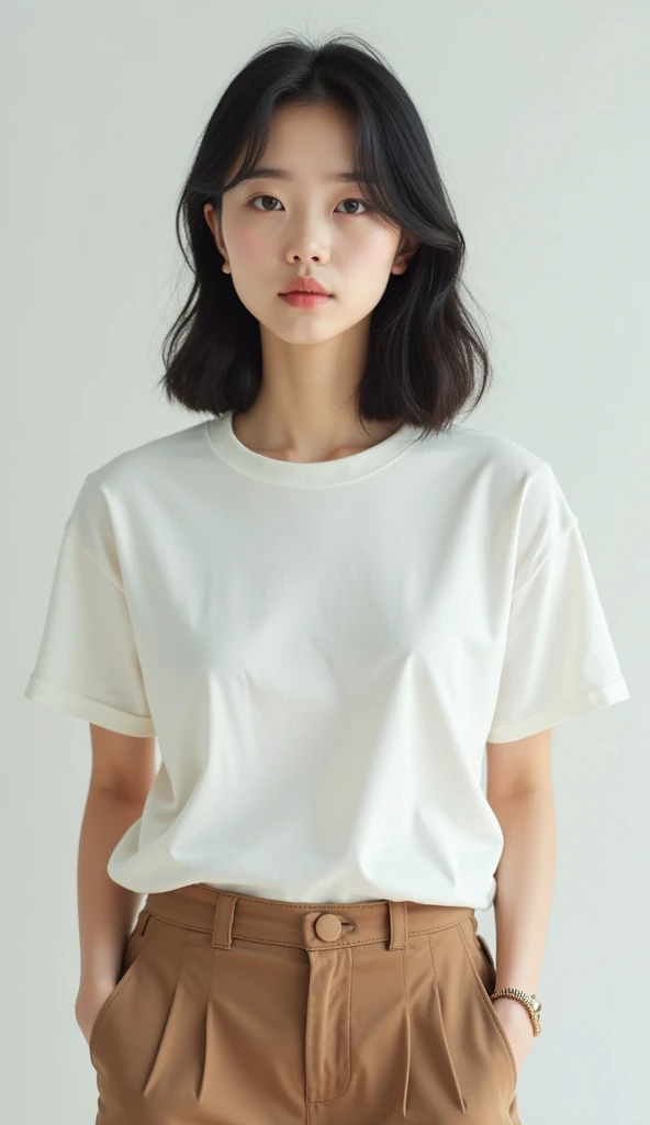doress、(Photorealsitic:1.4)、(hyper realisitic:1.4)、(realisitic:1.3)、(Smooth lighting:1.05)、(Improved lighting quality in movies:0.9)、32K、1girl in、20 years girl、Realistic lighting、Back lighting、Facial light、raytrace、(brightened light:1.2)、(enhanced quality:1.4)、(Top quality real texture skins:1.4)、finely eye、finerly detailed face、Fine quality eye、(Tired, sleepy and satisfied:0.0)、 close up of face、white t-shirts、(enhance body line mood:1.1)、(Increase the beauty of skin texture:1.1)、((Mio Imada))、Concrete background、Medium hair with a uniform shape on the left and right、Beautiful bob hair with the same face