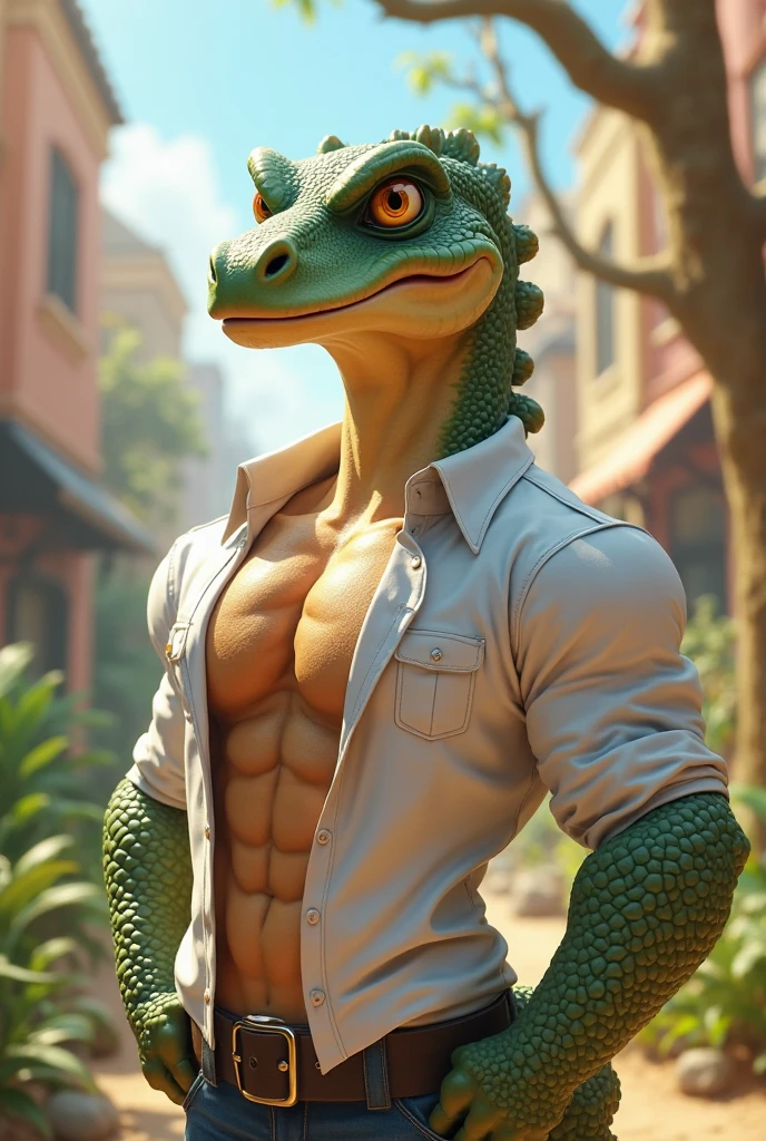 anthro, (<[Tyrannosaurus:argonian:.85]> and <[skink:argonian:.85]>) standing close, ((friendly expression)), male, thick beefy body build, ((multicolored scales)), thick body, ((thick legs, long legs)), ((wearing shorts, wearing open shirt ))) (((fish scales ))), BREAK, (unreal engine:1.5), (masterpiece, best quality, ultra realistic, 4k, 2k, (high detail:1.3), film photography, soft focus, RAW photo, photorealistic, analog style, subsurface scattering, photorealism, absurd res)