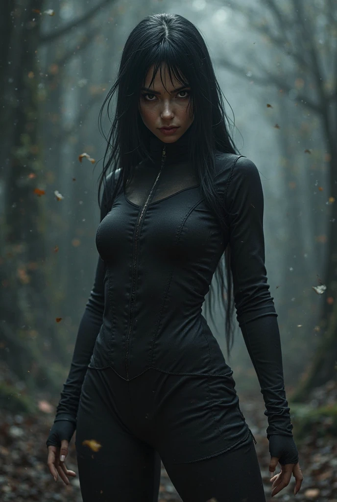 Brunette woman in the forest with black hair, half-covered face, slender body, wearing black clothes.