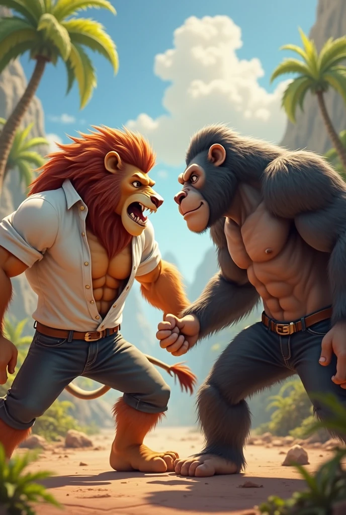 Muscular animal cat in shorts on the beach fighting with a giraffe