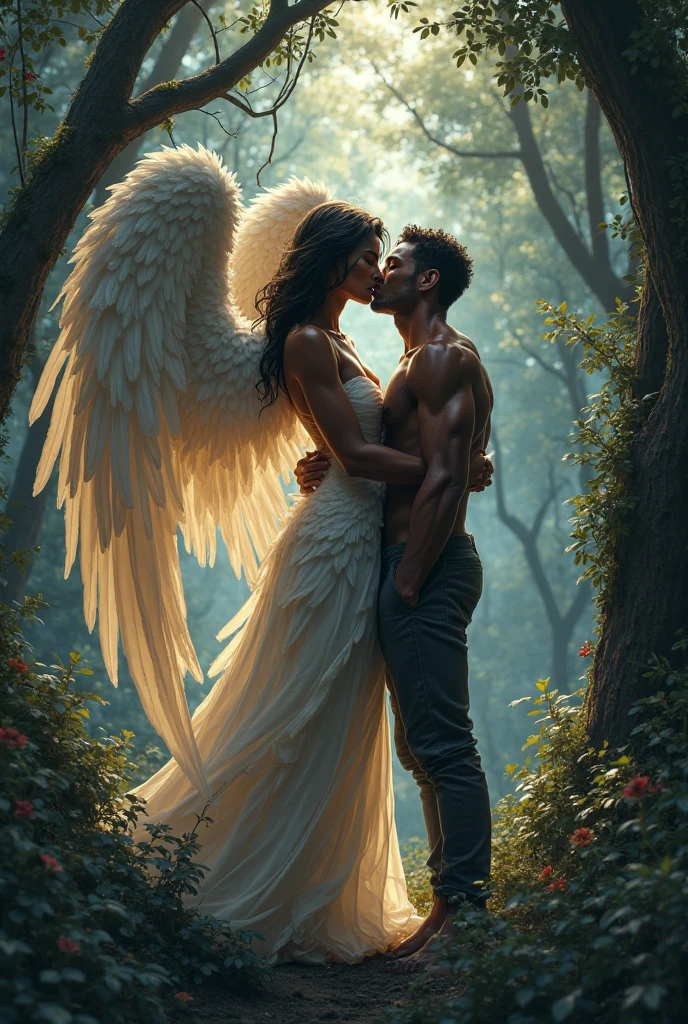 A man with wings hugging a girl in strapless white dress from behind, his hand on her neck.