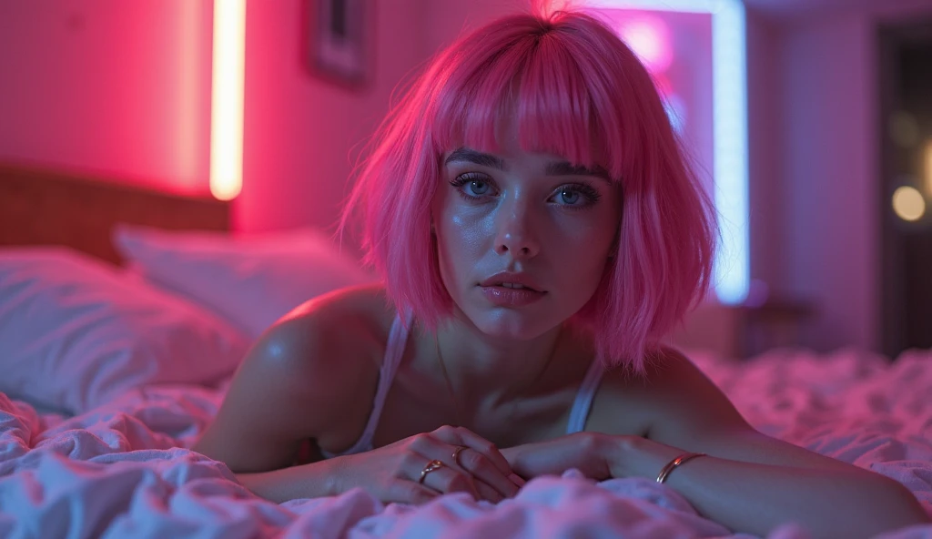 (Best quality) (masterpiece) Alice Selezneva with pink hair and a short haircut from the movie "One hundred years ahead"  sits naked