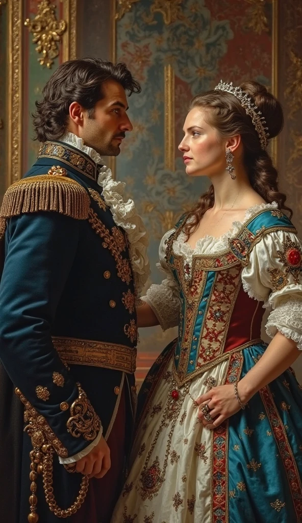 image of an elegant hussar with a kiver on his head and in a ceremonial uniform, next to him stands a beautiful lady in a silk dress with a deep neckline and a pink hat with a feather, masterpiece, best quality, (extremely detailed CG unity 8k wallpaper), (best quality), (best illustration), (best shadow), absurd, realistic lighting, (Abyss), beautiful detailed glow, art by Frédéric Soulacroix, by Peter Mohr Bacher,