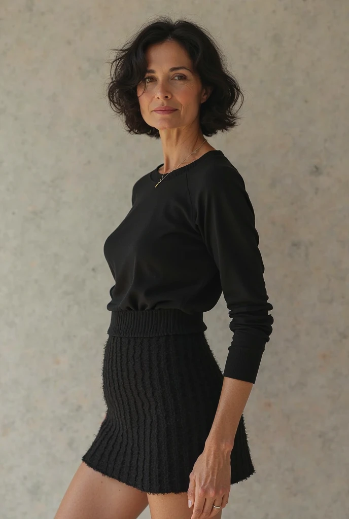 (((realistic,masterpiece))),(65 years old:1.4),silver hair,(there are many wrinkles on her face:1.3),old woman,((khaki one-piece knit,miniskirt)),smile,wave hair,erotic face,Enhance,make room,(((Composition from below,Back view,under view)))