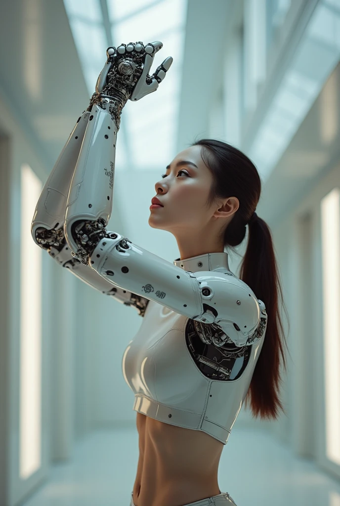 (RAW, best quality, masterpiece:1.5), (photo realistic, intricate details:1.2), ultra highres, absurdres,
1girl, perfect body,  
light blonde hair, twintails, 
medium breast, slim waist, slim legs,
cyborg, android, cyberpunk, white porcelain cover, electric wire, robotics, bionic limbs, prosthetic technology, white body parts,  gold rims, platinum rims, mechanical, shimmering led, japanese family coat of arms, red, indigo, Kamon,
sitting, robotic arms around knees,
looking at the viewer,
shiny skin, real skin texture, 
rim lighting, 
supermodel, 
best lighting, detailed background, detailed shadow, sharp focus, depth of field f/2,
saturated, high contrast, strong light and shadow,
[::0.6],