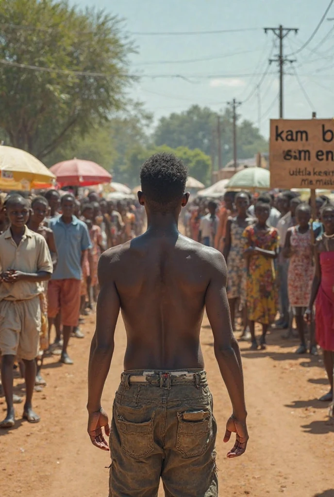 Assane, un homme noir de 25 ans, se tient dans une rue poussiéreuse d'un petit village béninois. Il est mince, vêtu de vêtements usés, avec un visage empreint d'une profonde tristesse. Autour de lui, on voit des maisons délabrées et des villageois noirs fatigués, le tout sous un ciel gris et sombre. L'image capture le désespoir et les difficultés de la vie dans le village, en mettant l'accent sur des textures détaillées et un ton sombre et réaliste. 