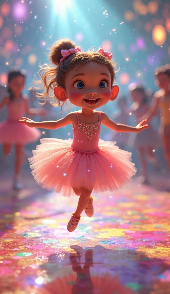 A joyful girl in a pink tutu and sparkly ballet shoes dancing on a ...