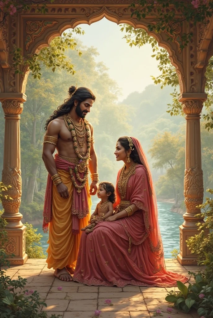 "Create an image that depicts a young, childlike version of Lord Hanuman with a playful yet devoted expression, standing beside Lord Ram, Sita, and Laxman. Hanuman should be shown with folded hands, looking up at Lord Ram with admiration. Ram, Sita, and Laxman should be depicted with gentle, loving expressions, as if blessing Hanuman. The background can be a serene forest scene with soft light filtering through the trees.
