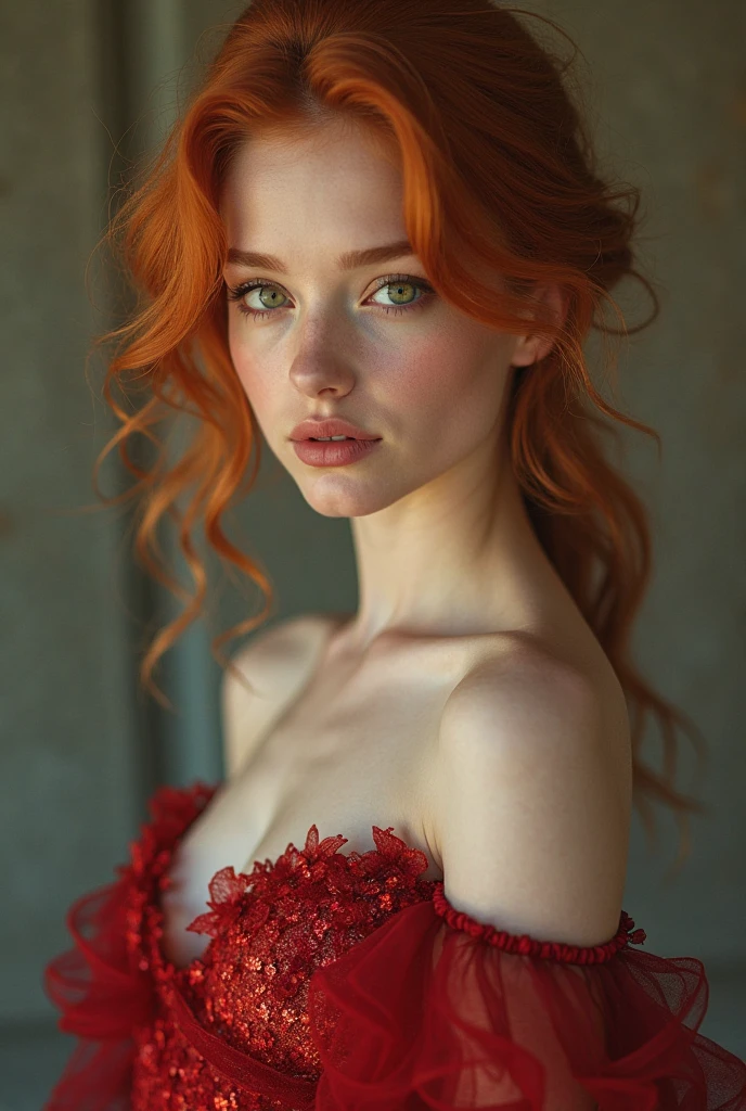 girl, red hair, hair pulled back, green eyes, wearing a dark red dress