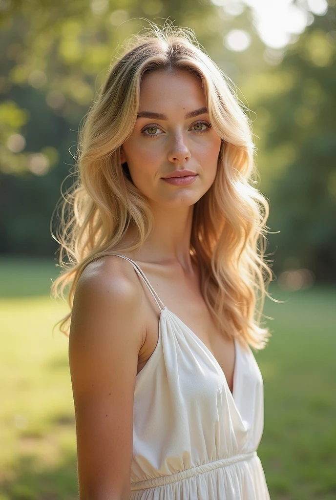 Portrait of 1 blonde with beautiful sparkling eyes, natural blonde hair, locks, waves, New York Central Park background, large breasts, stylish sheer top and sheer skirt with colorful floral pattern), (neckline), detailed (texture! , hair! , brightness, color! (imperfect:1.1), very detailed bright eyes, (looking at camera), super image quality, sharp focus, sharp, dof, film grain, (center), Fujifilm XT3, transparent, center of frame, cute face, sharp focus,