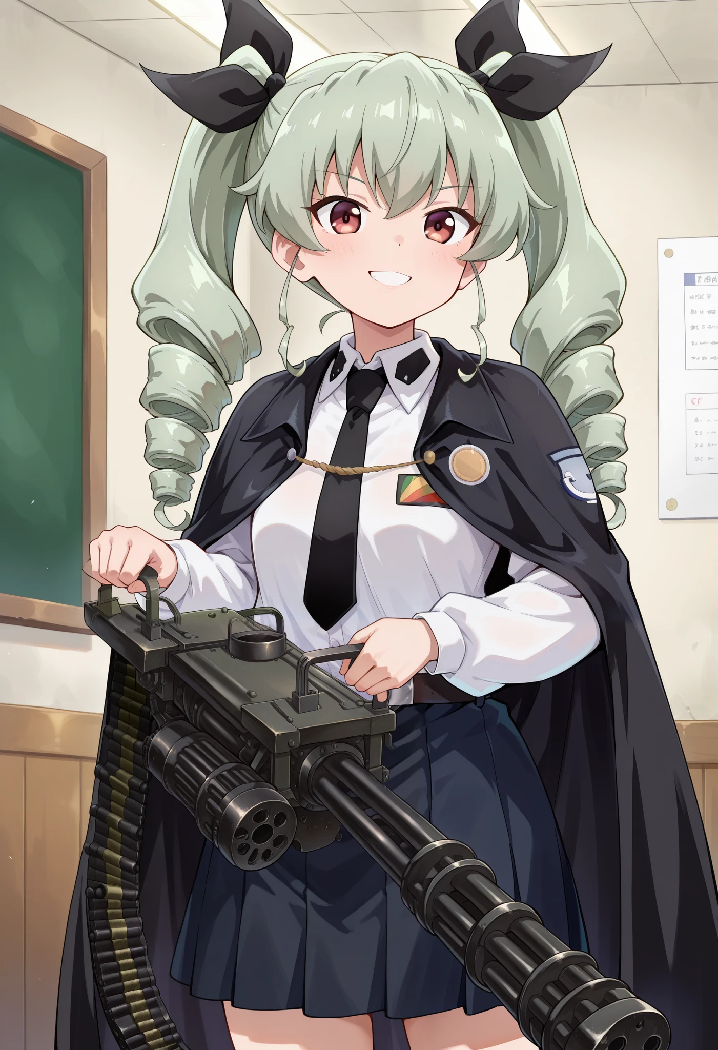 best quality、high resolution、standing、frontal shot、latest, 1 girl, C-M134 , hold M134 , hands, Ammunition belt ,Anchovy Galpan,green hair, long hair, twin drill, bungs, hair bows, Anzio school uniform,long sleeve, black cape,emblem,black tie, wing color , dress shirt,Black Belt,(black skirt:1.1),schools、classroom、smile