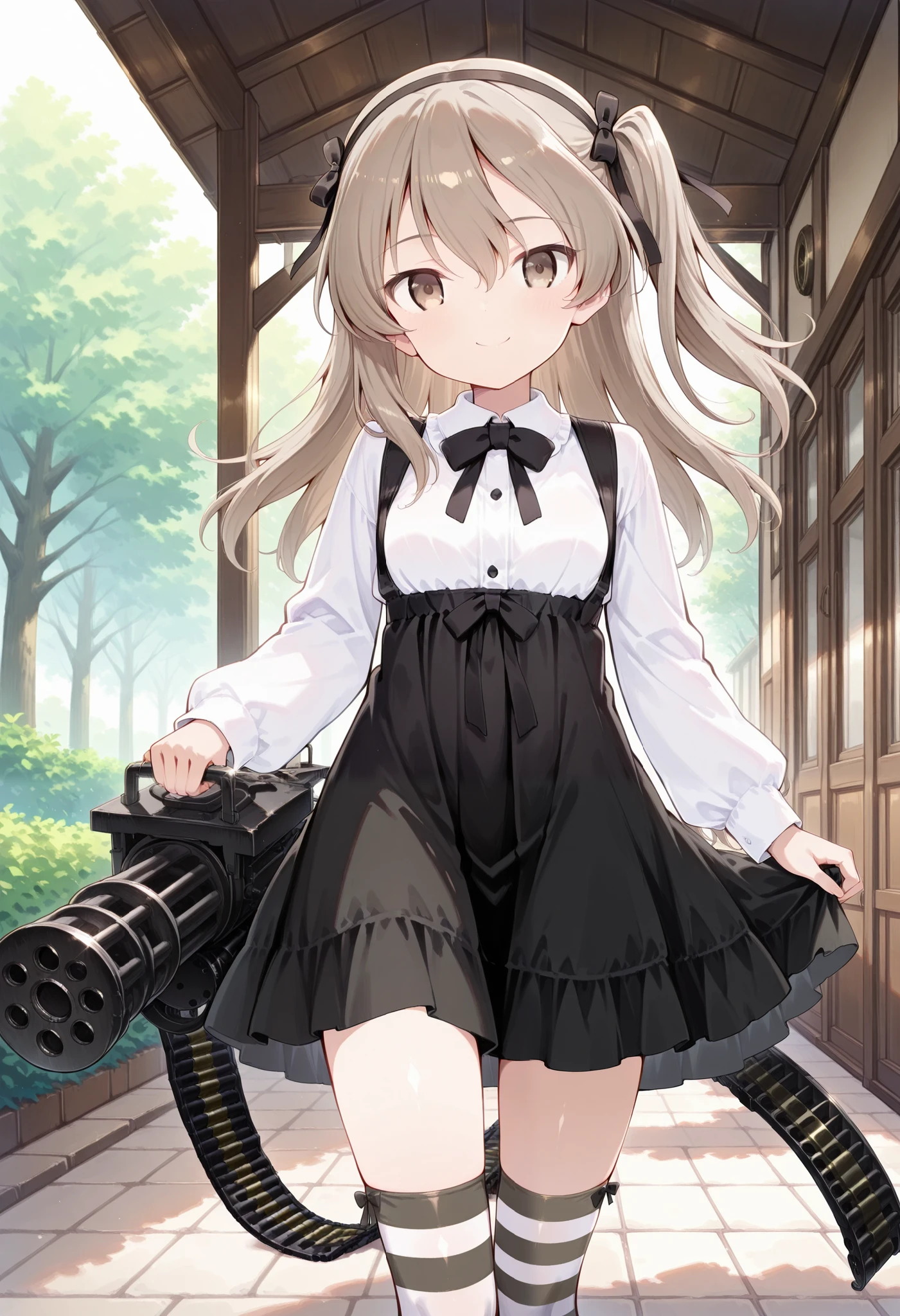 best quality、high resolution、 1 girl, C-M134 , hold M134 , hands, Ammunition belt、Shimada Arisu,smile,(brown eyes), long hair, light brown hair , brown eyes, long hair, light brown hair, One side up, small breasts, hair bows, black ribbon , are censored and shipped along with a black hair band, black bow tie, white shirt, collar shirt, Long Sleeve, suspenders, suspendersスカート, high waist skirt, black skirt, striped knee-high socks, happy、outdoor、garden