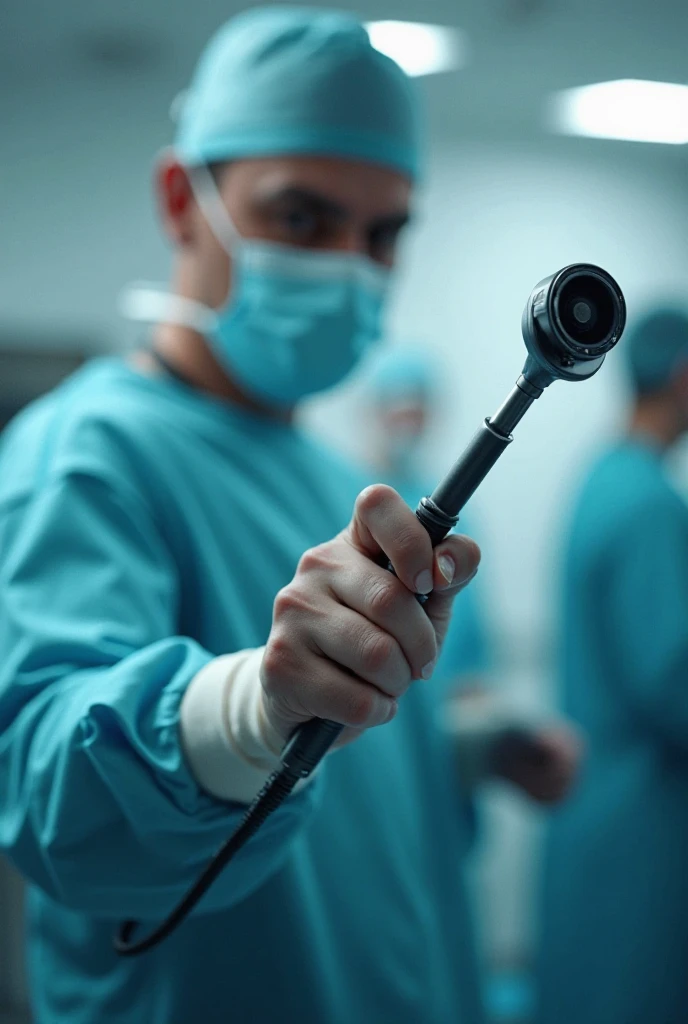An image showing a simple operating room in a public SUS hospital. The surgeon uses a pen-type electric scalpel that looks more basic, without the shine and finish of more advanced equipment. The room has essential equipment, but with signs of wear and tear from use. No fundo, an operating table with a vital signs monitor and a simple anesthesia machine, with less visible advanced technology.