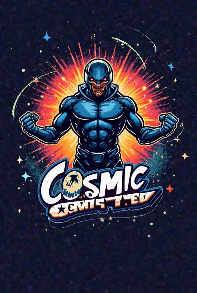 Create a logo for a YouTube channel named 'Cosmic Giant.' The logo should feature a bold and modern design that represents grandeur and impact. Use vibrant colors like deep blues, purples, and bright whites. The logo should be versatile and eye-catching, suitable for various content themes including comparison videos and editing videos." Write Cosmic Giant on it in a bold font . Replace the giant monster with something cool character which looks cool
