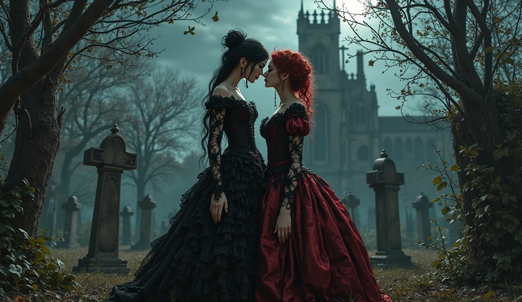 A beautiful red-haired vampire in a dark, black dress. Inside a Victorian mansion looking solemnly out a large window at a reddish moon. with a depressive and gothic atmosphere