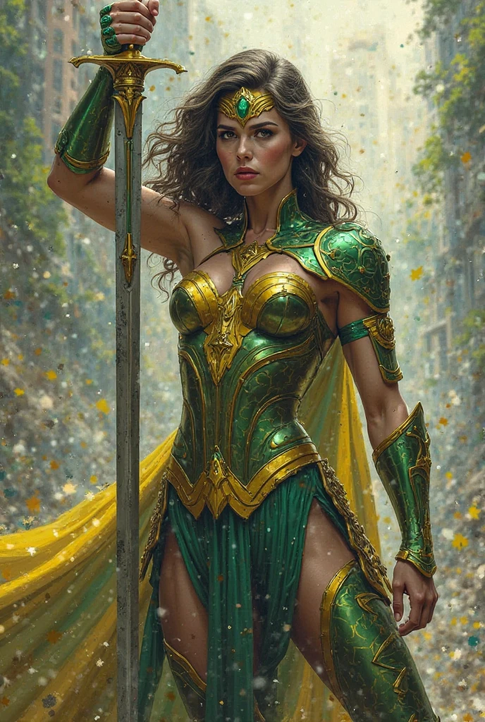 Kate Beckinsale, sexy Greek superheroine who is a demigoddess , green eyes and long black brown hair. She wears a black and gold outfit , She has bracelets that are silver, and has long white boots with a golden outline . she holds a long spear , She also wears a gold scarf around her waist... portrait photography by , no estilo do realismo, shining skin, , natural lighting, Defined full lips. Muscular fitness female body (Therapy) (cookie smile) (shield on her back)