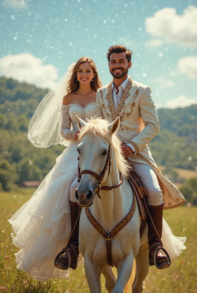 (aesthetic,cinematic)(best quality,highres,masterpiece:1.2),ultra-detailed(realistic:1.37) portrait of a couple(characteristic bride, handsome groom) riding a magnificent horse. The horse is adorned with colorful traditional pre-wedding ethnic decorations, such as ribbons and floral garlands, showcasing a fusion of culture and celebration. The couple wears casual yet elegant attire, consisting of intricate ethnic clothing that reflects their rich heritage.
The large grassland provides an expansive backdrop, with the vastness of the landscape enhancing the sense of freedom and adventure. The rolling hills and lush greenery create a picturesque setting, inviting the viewers to immerse themselves in the beauty of nature. The couple is situated in the center of the frame, perfectly framed by a 35mm lens, capturing their joy and togetherness.
The lighting is warm and soft, with a golden glow enveloping the scene, creating a romantic and dreamy atmosphere. The sunlight filters through the trees, casting gentle shadows and illuminating the couple's features. The light accentuates their affectionate smiles and the twinkling in their eyes, adding depth and dimension to the portrait.
The colors in the image are vibrant and saturated, reflecting the couple's vibrant personalities and the vibrant energy of their love. Rich earthy tones, warm reds, and vibrant greens dominate the color palette, harmonizing with the natural surroundings and enhancing the overall visual impact.
The level of detail in the painting is exquisite, capturing the minute details of the couple's clothing, intricate embellishments, and the horse's majestic mane. Every stroke and texture is meticulously rendered, contributing to the overall realism and immersive quality of the artwork. The scene feels alive and dynamic, with a sense of movement as the horse gracefully gallops through the grassland.
Overall, this breathtaking portrait captures the essence of love, culture, and nature. It showcases the c