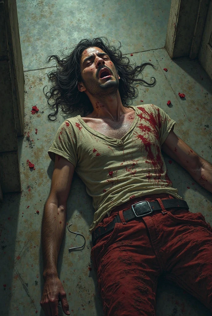 ultra realistic 8k image of a dead man with short black hair, dressed in a light blue button-up blouse, jeans, lying on a sidewalk, dead and covered in blood