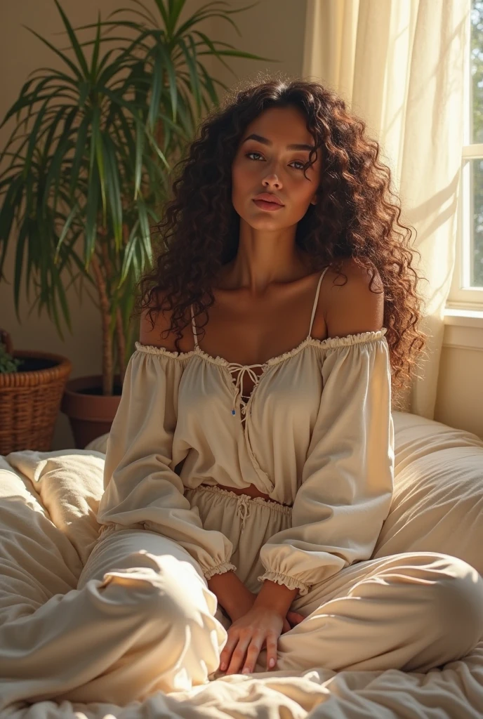 (photorealism:1.2), beautiful woman, sitting on bed, wearing loose off-shoulder top, pajama pants, long curly hair, indoors, soft lighting, plants in background, window with sunlight, cozy room, relaxed pose, realistic, intricate details, warm colors, by Greg Rutkowski, by Alphonse Mucha