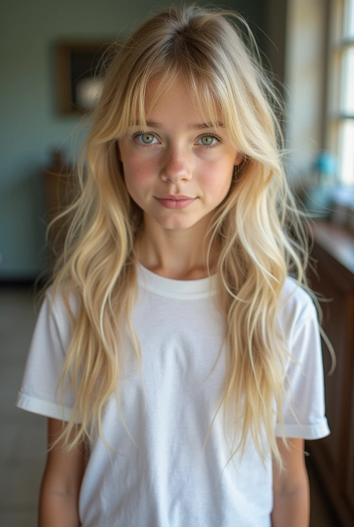 Belle brune aux reflets blonds portant un t-shirt noir (in a room ), very detailed, 2, , , visage innocent, natural wavy hair, blue eye, high resolution, head of&#39;artwork, best quality, intricate details, very detailed, sharpness, detailed skin, texture de peau réaliste, texture, detailed eyes, professionnel, 4K, charming smile, shot with Canon, 85mm, shallow depth of field, kodak vision color, corps parfaitement ajusté , extremely detailed, la photographie_\(ultra\), Photorealistic, realistic, Post-traitement, maximum details, roughness, real life, ultra realistic, photorealism, la photographie, 8k uh, la photographie, tetas grandes