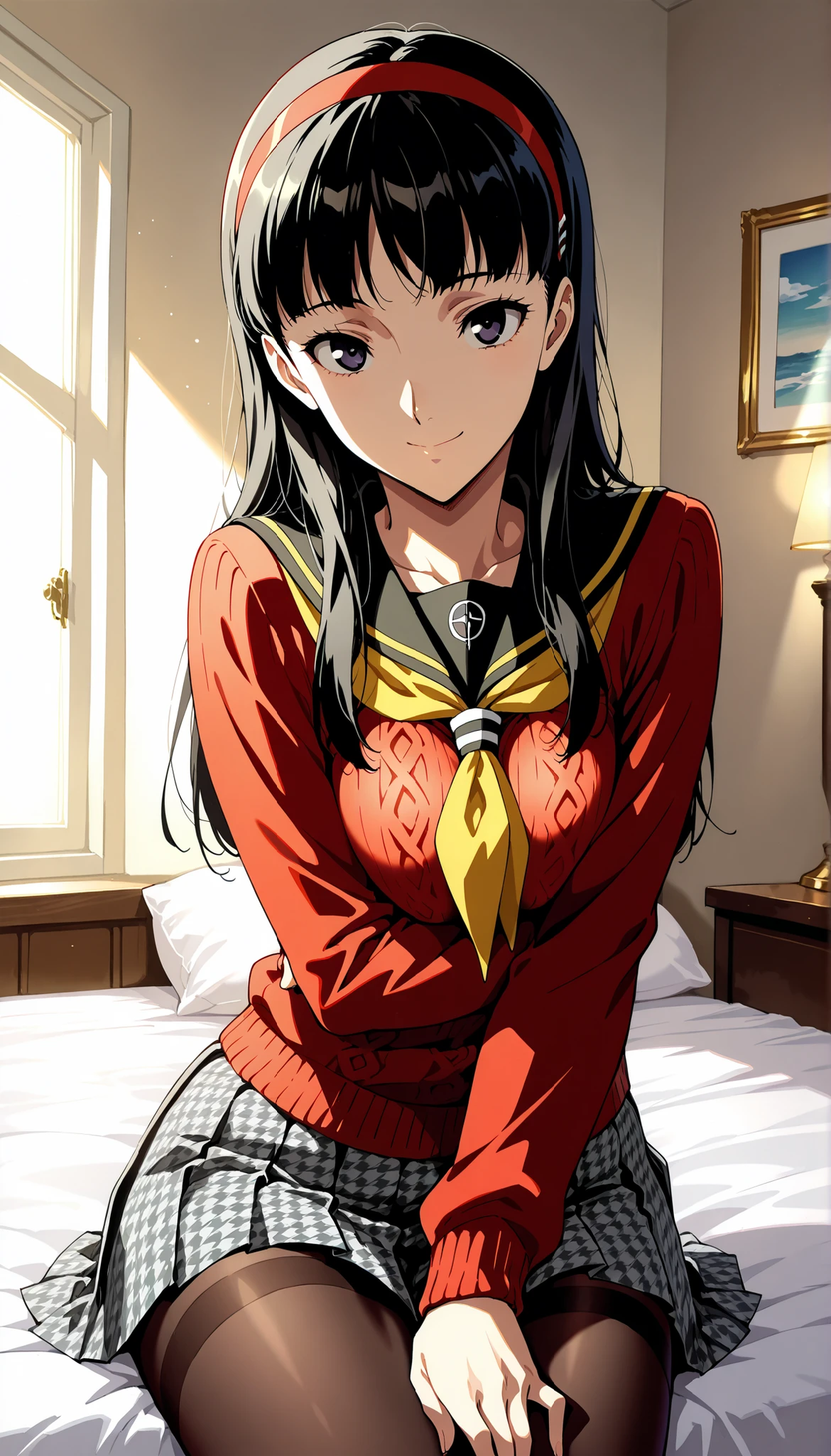 score_9,score_8_up ,score_7_up ,score_6_up ,score_5_up ,score_4_up ,(source_anime), clip skip:2,(masterpiece:1.3),(extremely detailed CG unity 8k wallpaper),top quality , amazing quality, high resolution, absurd, very aesthetic, high resolution, (ultra detail), perfect detail ,( beautiful eyes:1.3),(feature large highlight:1.4), 8K, perfect fingers,(perfect hands, perfect anatomy),(Aesthetic Anime Eyes:1.3),(feature large highlight:1.4),beautiful hair,18歳,day,薄い目,
1 girl, solo, cute face,(cowboy shot:1.4),
p4yukiko, amagi yukiko, long hair, black hair, bangs, black eyes,
p4yukiko-winuni, yasogami school uniform, school uniform, sweater, red sweater, , skirt, pleated skirt, houndstooth, brown pantyhose,
bedroom, sitting, looking at viewer, smile,
masterpiece, best quality, ultra detailed,