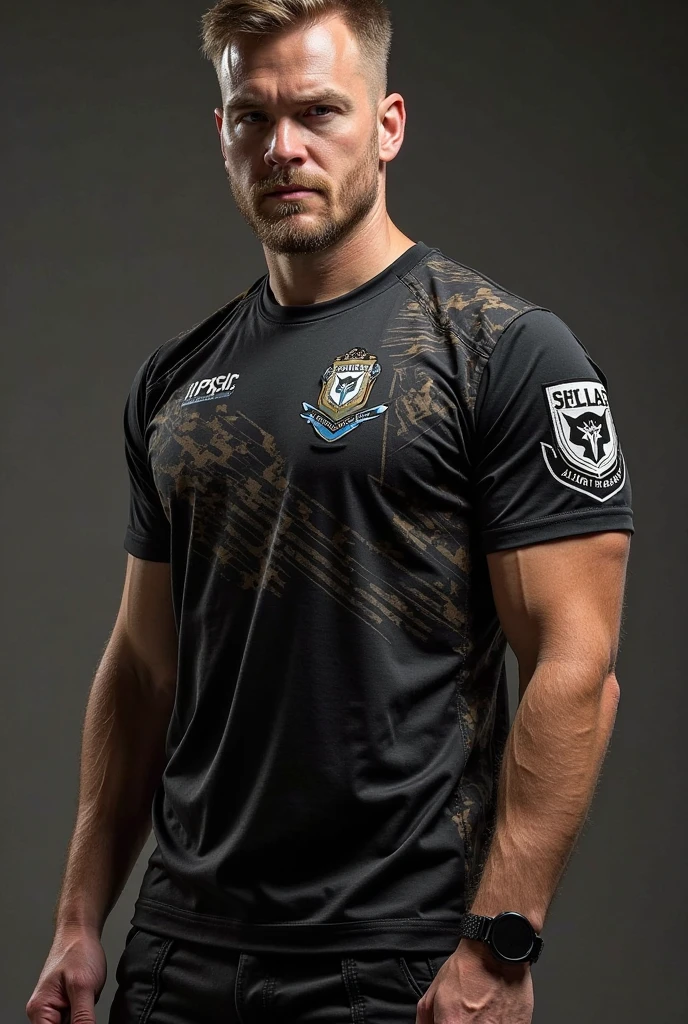 black IPSC shirt with gradient and diaper design, ipsc shield logo on the right sleeve and the ipsc Gustemala logo on the left sleeve