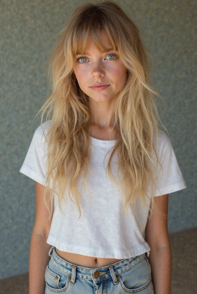 Le portrait réaliste d'une jeune femme..
Elle a des long cheveux blonds.
Elle est belle et possède des lèvres pulpeuses.