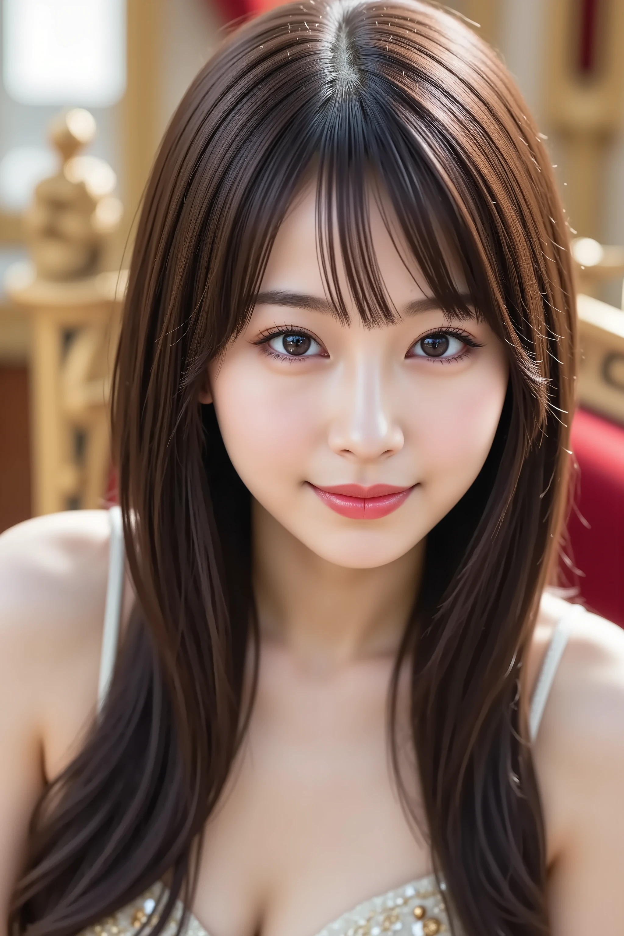 masterpiece, with the face positioned accurately in the center of the image, fine, clean skin、big tight , dress、 standing、long black hair, Bangs, smile, 8k, jeweled royal background sitting in a luxurious queen's chair