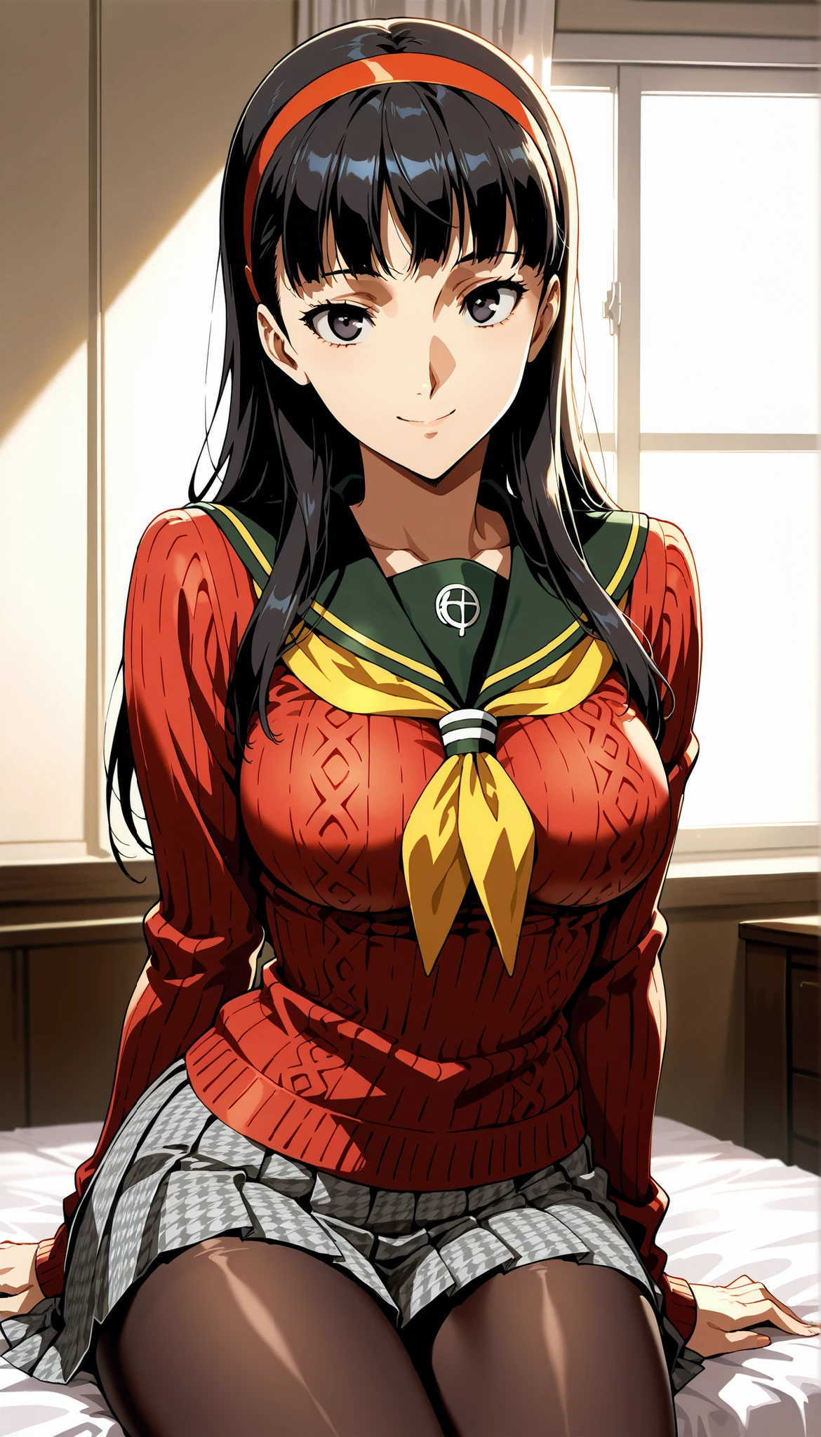 score_9,score_8_up ,score_7_up ,score_6_up ,score_5_up ,score_4_up ,(source_anime), clip skip:2,(masterpiece:1.3),(extremely detailed CG unity 8k wallpaper),top quality , amazing quality, high resolution, absurd, very aesthetic, high resolution, (ultra detail), perfect detail ,( beautiful eyes:1.3),(feature large highlight:1.4), 8K, perfect fingers,(perfect hands, perfect anatomy),(Aesthetic Anime Eyes:1.3),(feature large highlight:1.4),beautiful hair,18歳,day,薄い目,
1 girl, solo, cute face,(cowboy shot:1.4),
p4yukiko, amagi yukiko, long hair, black hair, bangs, black eyes,
p4yukiko-winuni, yasogami school uniform, school uniform, sweater, red sweater, , skirt, pleated skirt, houndstooth, brown pantyhose,
bedroom, sitting, looking at viewer, smile,
masterpiece, best quality, ultra detailed,
