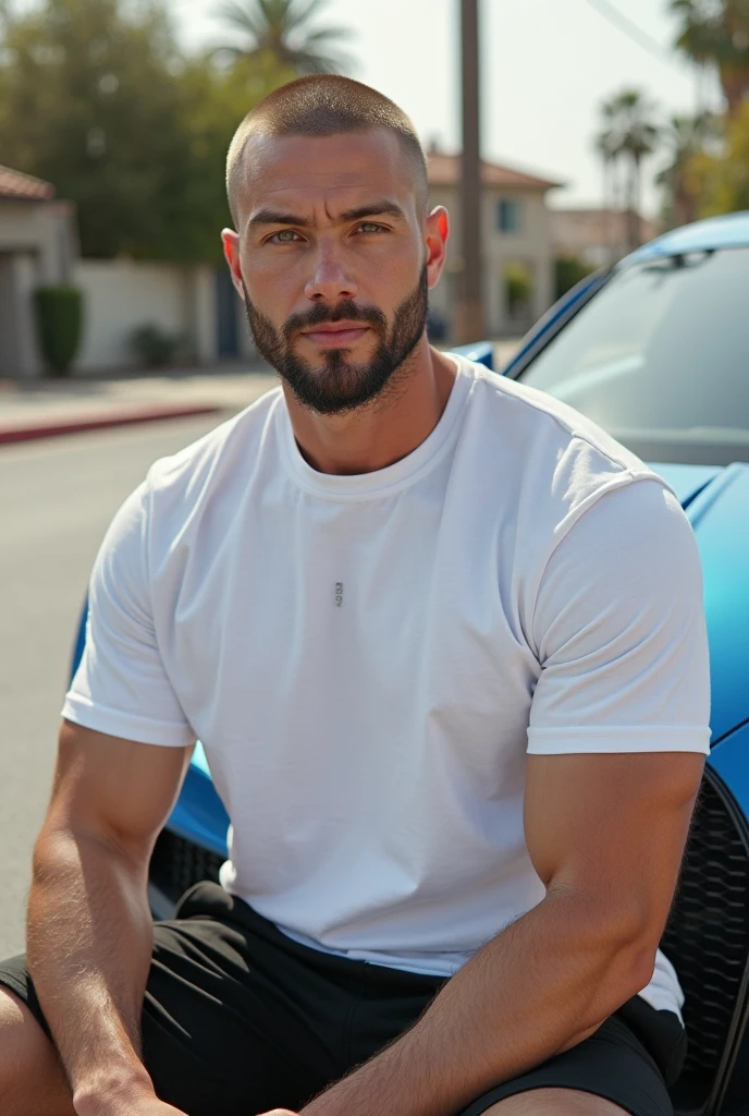 Strong, bald, beardless white man next to a Mercedes AMG