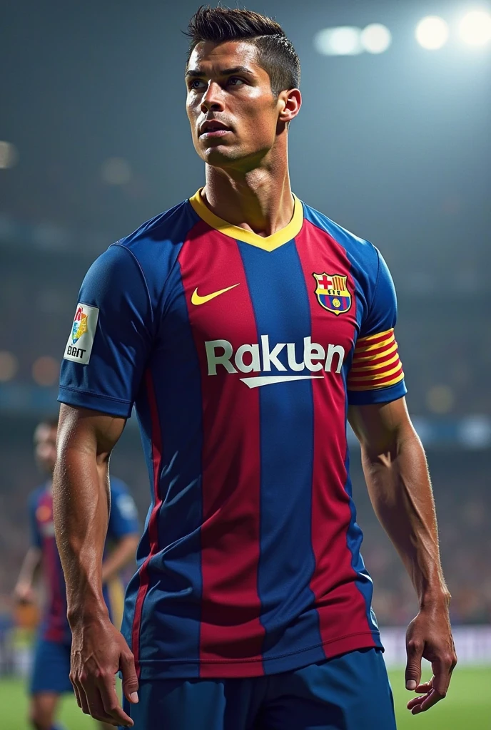 Cristiano Ronaldo jogando soccer vestindo uniforme do clube de Soccer Barcelona FC