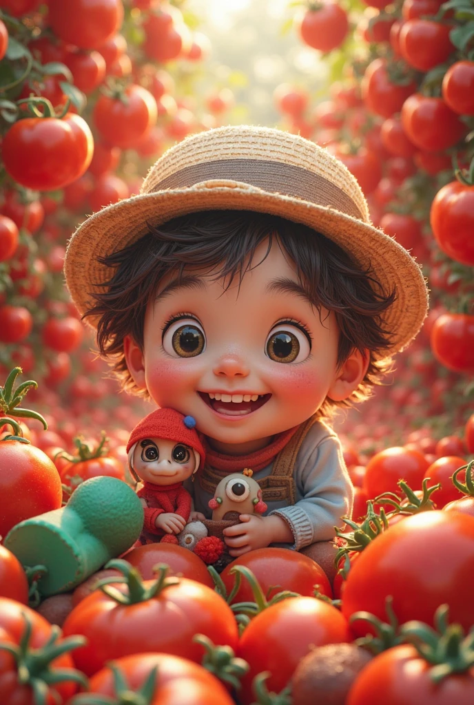 The boy should have one black eye and the other blue eye, and a cat's tail on his head. His cheeks should be red and he should have fruits in his hand