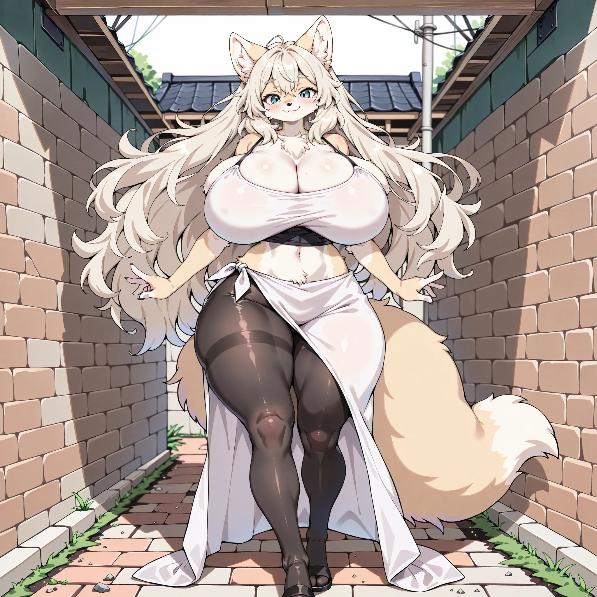 score_9, score_8_up, score_7_up, source_anime, 1girl, solo, nanachi-helmetless,narehate, nanachi (made in abyss),green eyes,white hair,sidelocks,long hair,furry,tail,animal ears ,erect nipples, hard nipples, black cat lingerie, open mouth, huge ass,blushed, wide hip, street, prostitution, wet, fluffy body, view from side