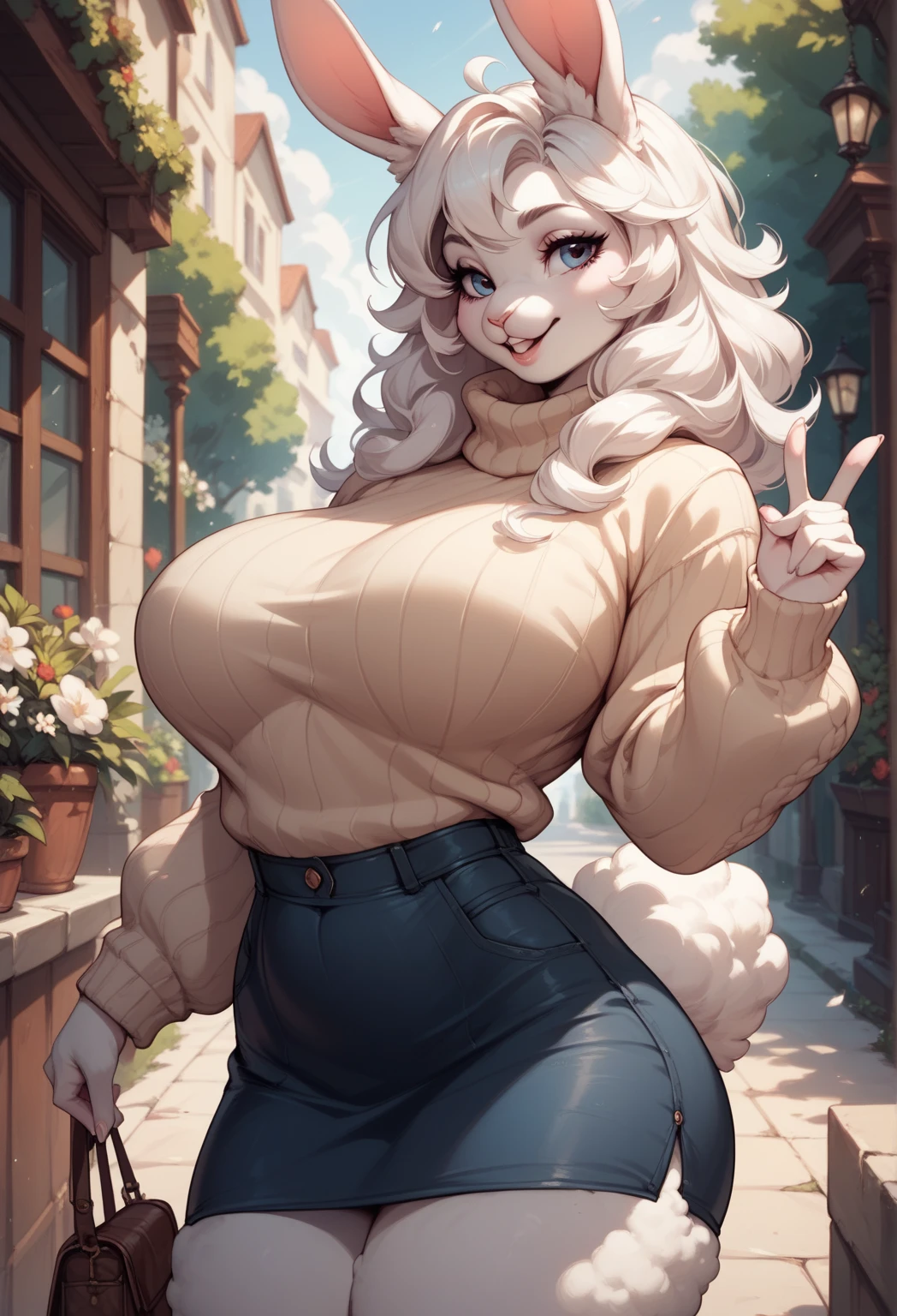 masterpiece, best quality, highres, ((Slim thicc waifu:1.3)), large breasts, elf, yellow eyes, blonde hair in short high ponytail, (black choker), (White sweater), jewelry, (ripped skinny jeans), long sleeves, cowboy shot, standing, field, smile, hands on face, hearts