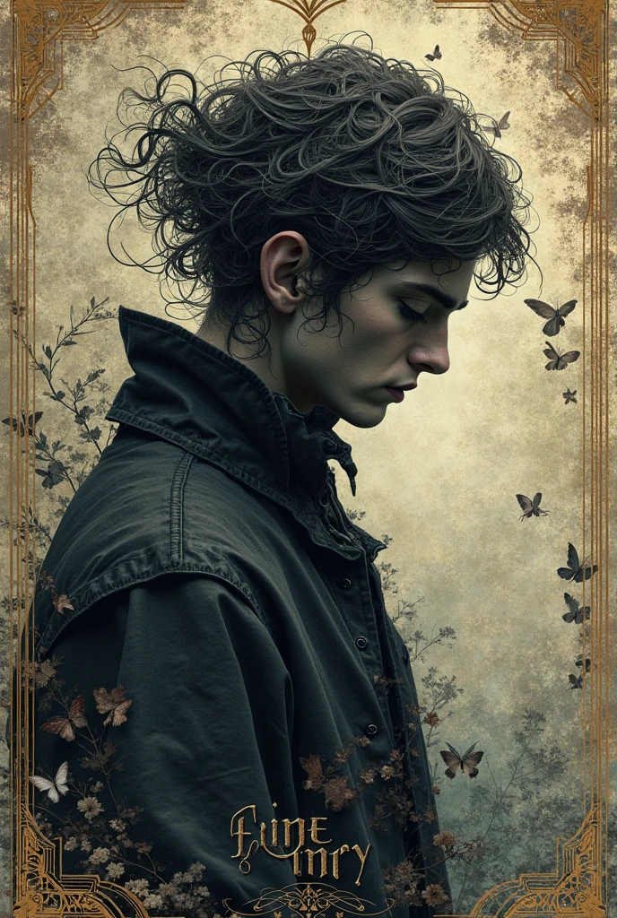 A background with distinct features, Background with fragment color, vivid tones, Ink nebula background, there is a man, album art, realism art, album cover art, realism art style, album, realistic art, official art, realism art style, realistic art, album cover, official art, An amazing portrait of a 20 year old man in white shirt, ((long hair)), (perfect eyes), ((perfect face)), ((male face)), ((medium hair)), artgerm, cinematic lighting, very high details, brunette hair, extremely detailed, Dispel particles, (photo theme:1.5), (dark horror theme:1.5), (thriller:1.5),(inspiration from Stephen King:1.5),(dark fantasy:1.5), (ink and watercolor painting:1.5), (black and white color:1.5), 8k, 4k, (landscapes:1.5),(1800s:1.5), (ruined theme:1.5),(puddle:1.5),(Unpaved roads:1.5),(absurderes:1.5),(fantastic:1.5),(best quality:1.5),(masterpiece:1.5),(best quality,4k,8k,highres,masterpiece:1.2),ultra-detailed,(realistic,photorealistic),oil painting,colorful,brush strokes,dramatic lighting,horror,aged paper,aesthetic,dripping ink,gritty texture,dark and moody atmosphere,detailed facial features,expressionless face,intense gaze,ancient runes,crow feathers,ominous background,vintage style,monochrome with sepia tones,contrast,depth,texture,old world charm,subtle decay,aged elegance,cracked paint,weathered detailspeated paint,cracked stone texture,long shadows,dusty appearance,creased edges,sculptural quality