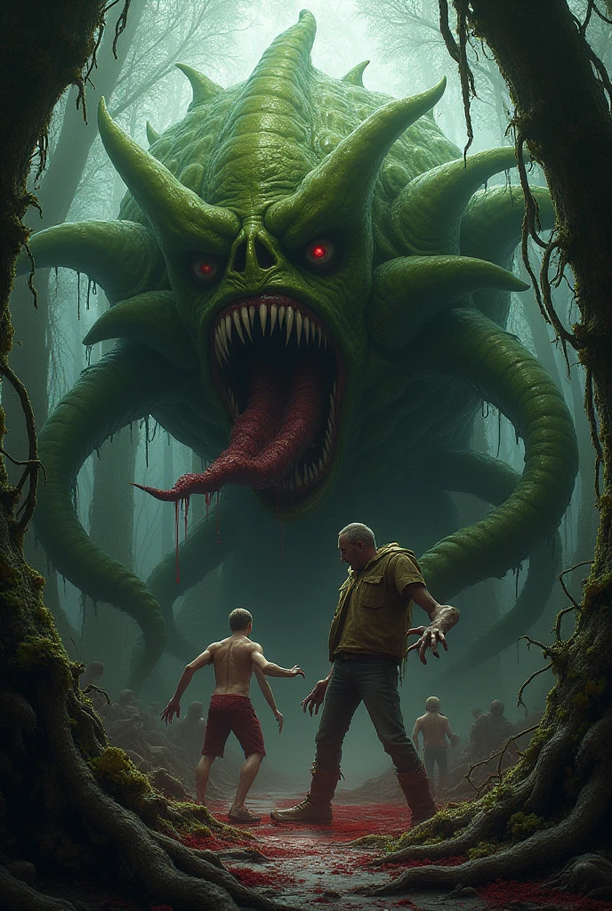 A giant carnivorous plant in the middle of a forest, and with its roots, attacking the men near her