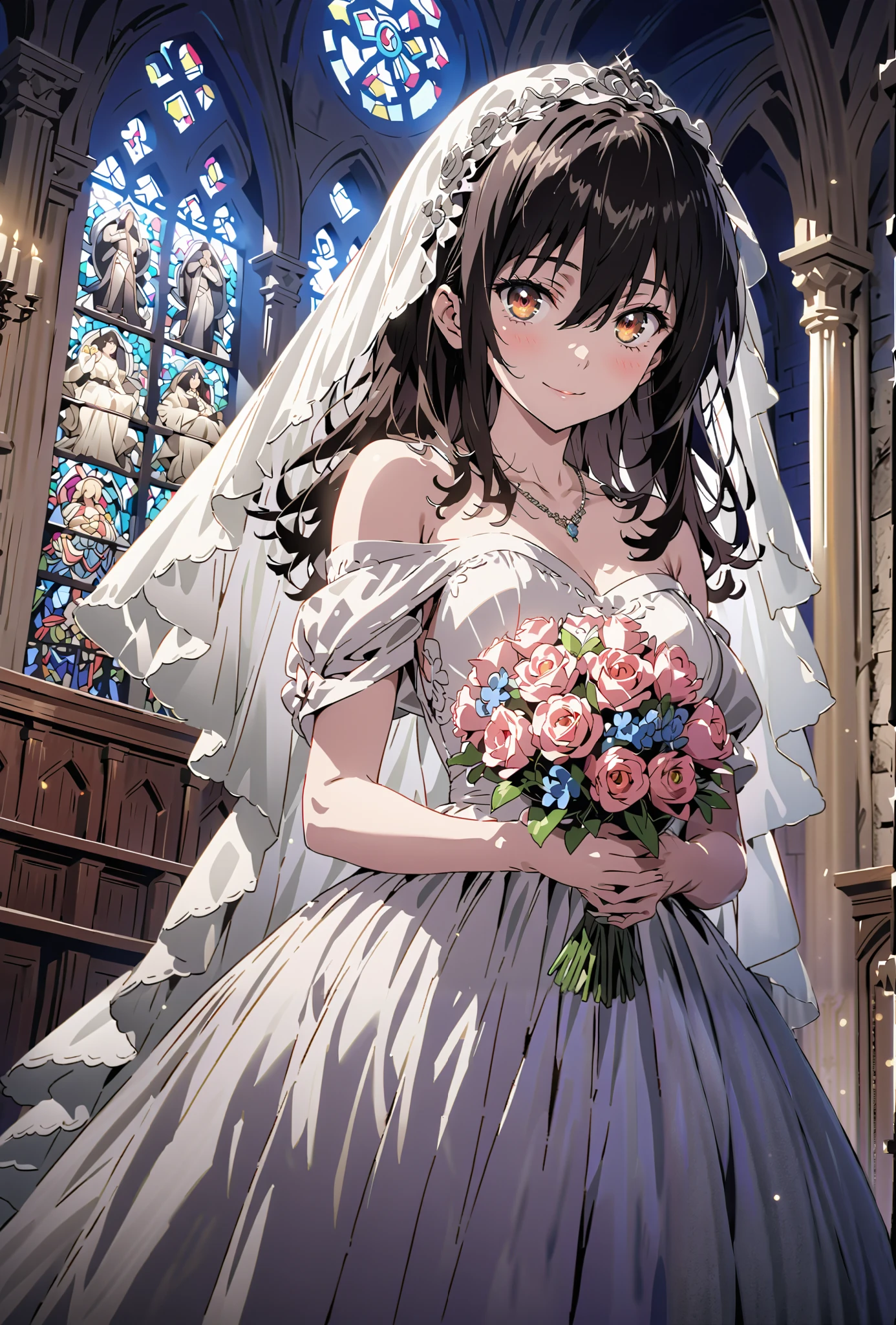 Yukina Himeragi, medium hair, black hair, brown eyes,smile,cover,close your mouth,Medium breast,necklace,Veil,Off Shoulder Wedding Dress,Short sleeve,wedding long skirt,holding a bouquet of flowers with both hands,bouquet,standing,stained glass,full body,がillustrationに入るように,break indoors, Chapel,church,
break looking at viewer,full body,
break (masterpiece:1.2), best quality, high resolution, Unity 8K Wallpaper , (illustration:0.8), (beautiful detailed eyes:1.6), Highly detailed faces, perfect lighting, extremely detailed CG, (perfect hand, perfect anatomy),