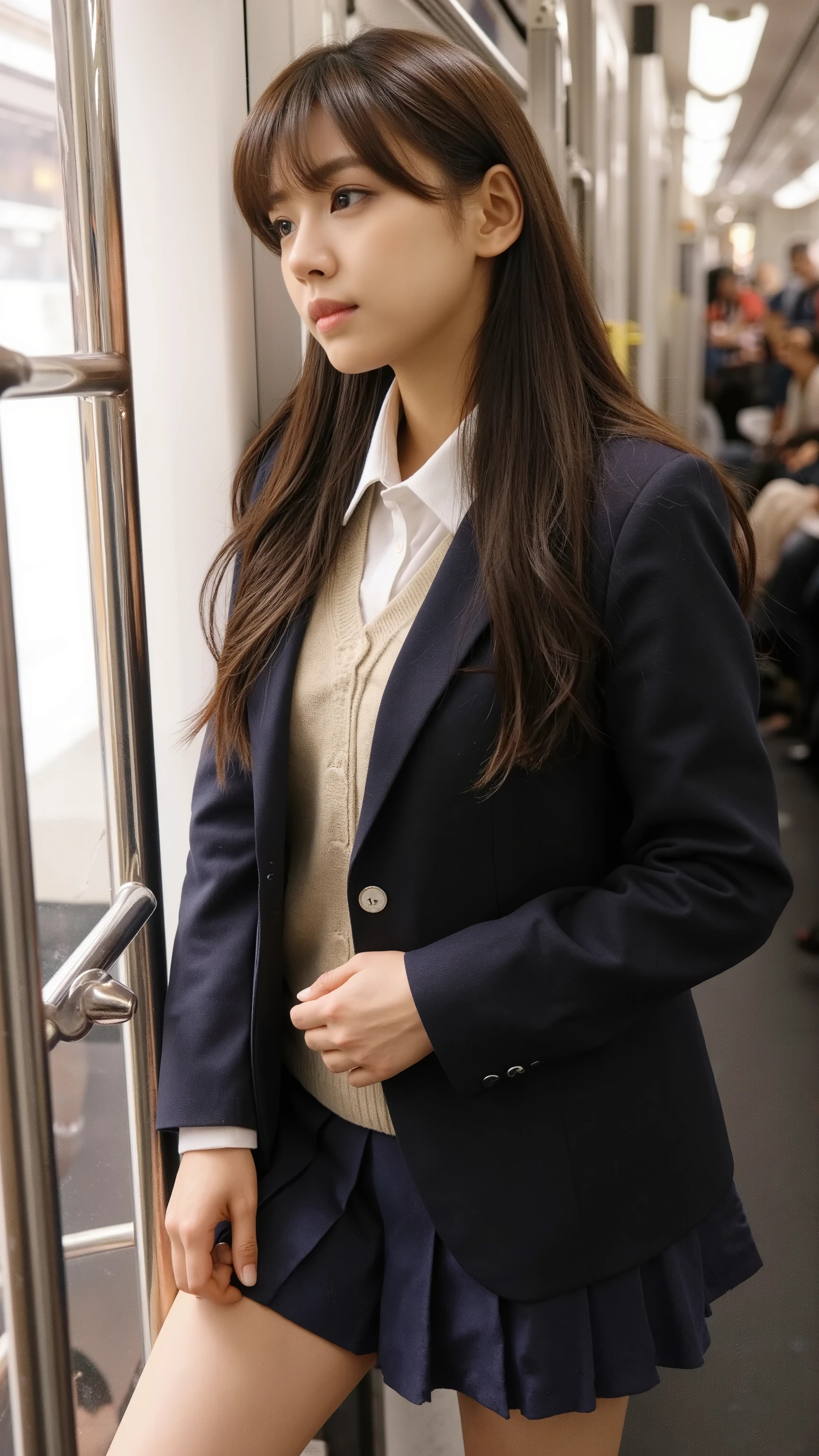 A photorealistic side-view image of a young woman standing by the door inside a crowded Tokyo commuter train. She is wearing a high school uniform: a white dress shirt, a beige lightweight sweater over it, and a navy blue blazer on top. She also wears a navy blue pleated mini skirt and navy blue socks, revealing her attractive thighs. Her long black hair flows down her back, and she gazes absentmindedly out the window, lost in thought. The scene captures the dense atmosphere of the train with many passengers around her.