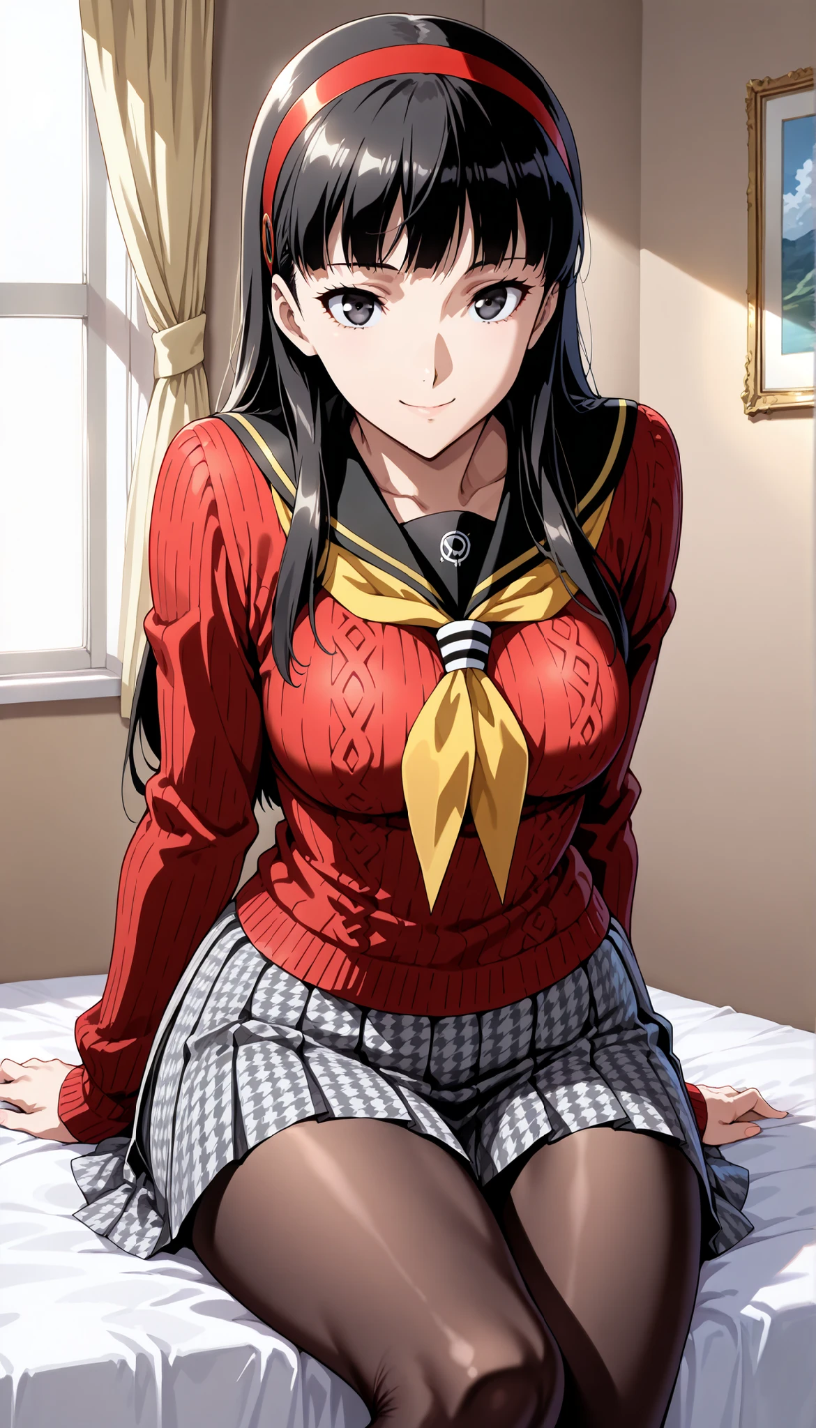 score_9,score_8_up ,score_7_up ,score_6_up ,score_5_up ,score_4_up ,(source_anime), clip skip:2,(masterpiece:1.3),(extremely detailed CG unity 8k wallpaper),top quality , amazing quality, high resolution, absurd, very aesthetic, high resolution, (ultra detail), perfect detail ,( beautiful eyes:1.3),(feature large highlight:1.4), 8K, perfect fingers,(perfect hands, perfect anatomy),(Aesthetic Anime Eyes:1.3),(feature large highlight:1.4),beautiful hair,(18歳:1.3),day,薄い目,
1 girl, solo, cute face,(cowboy shot:1.4),
p4yukiko, amagi yukiko, long hair, black hair, bangs, black eyes,
p4yukiko-winuni, yasogami school uniform, school uniform, sweater, red sweater, , skirt, pleated skirt, houndstooth, brown pantyhose,
bedroom, sitting, looking at viewer, smile,
masterpiece, best quality, ultra detailed,