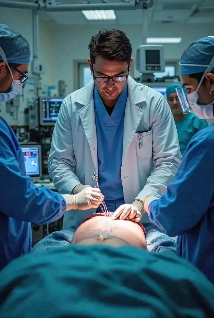 Female doctor examining the groin of a strong, hairy, bearded man wearing only underwear with the Nicaraguan flag on it.