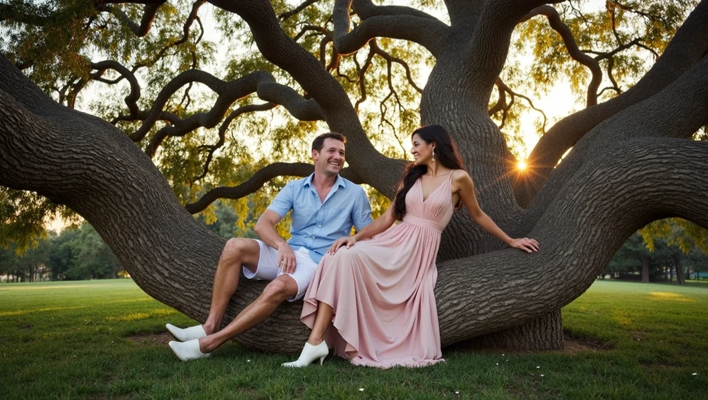 Ann, in her beautiful pink dress and white shoes, is sitting under an ancient tree, her long dark hair swaying in the breeze. James, in his blue shirt and white shorts, leans against the tree, smiling at her. The golden sunlight filters through the leaves, creating a magical glow around them as fireflies begin to twinkle in the background.