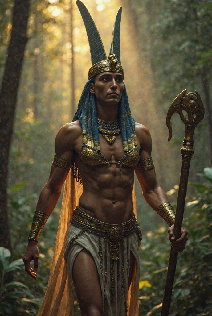 Native American warrior, captain cloak, armor, helmet, muscular, cinematic, jungle scene