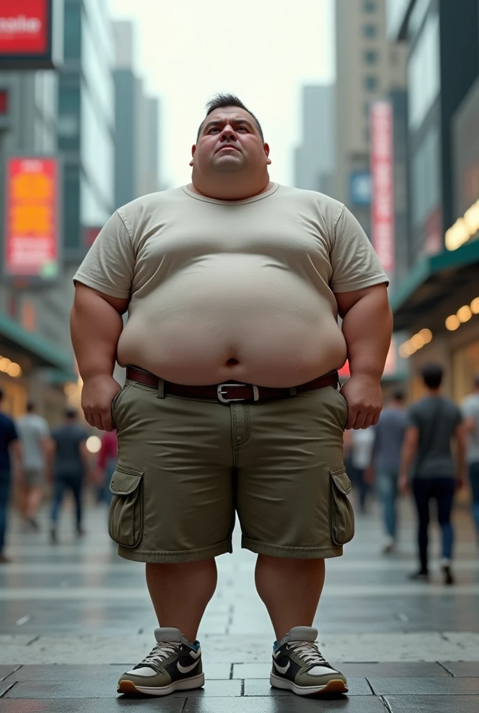 Hyper-realistic very attractive mature muscular handsome fat white man, japanese man, chubby, fat, obese, huge belly, beefy, thick legs, huge calves, standing, half body, at terrace, grey very short hair, well designed grey mustache, thick mustache, hyper-detailed background, cinematic, uhd, 8k, high resolution, perfect result, best quality, detailed work, wearing a shorts
