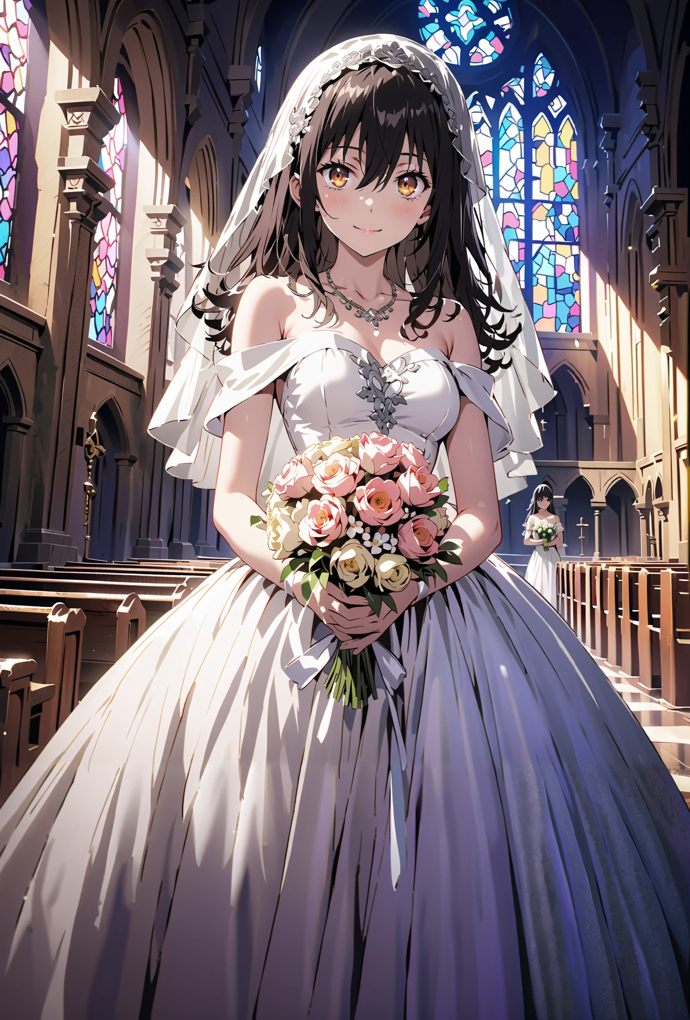 Yukina Himeragi, medium hair, black hair, brown eyes,smile,cover,close your mouth,Medium breast,necklace,Veil,Off Shoulder Wedding Dress,Short sleeve,wedding long skirt,holding a bouquet of flowers with both hands,bouquet,standing,stained glass,full body,がillustrationに入るように,break indoors, Chapel,church,
break looking at viewer,full body,
break (masterpiece:1.2), best quality, high resolution, Unity 8K Wallpaper , (illustration:0.8), (beautiful detailed eyes:1.6), Highly detailed faces, perfect lighting, extremely detailed CG, (perfect hand, perfect anatomy),