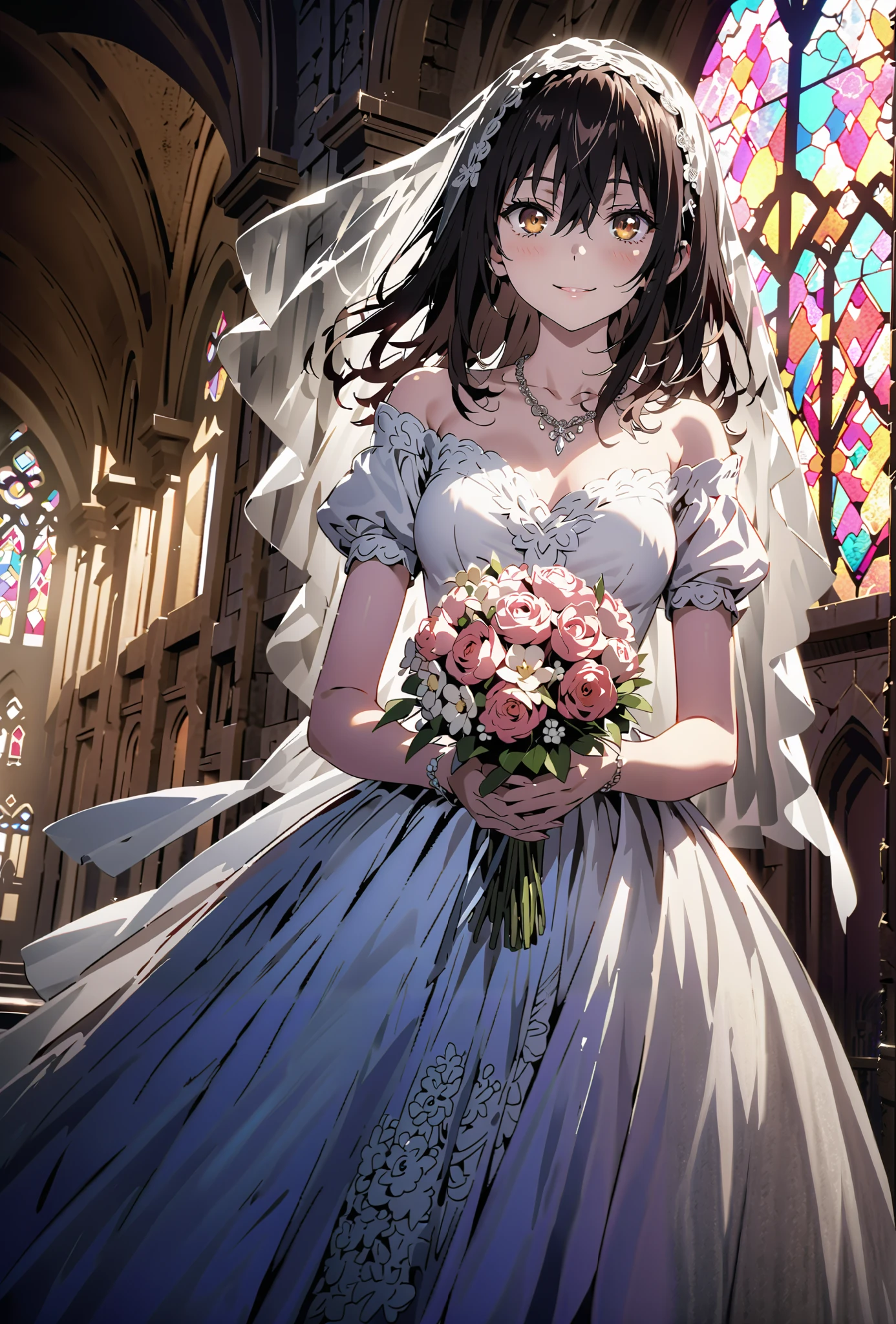 Yukina Himeragi, medium hair, black hair, brown eyes,smile,cover,close your mouth,Medium breast,necklace,Veil,Off Shoulder Wedding Dress,Short sleeve,wedding long skirt,holding a bouquet of flowers with both hands,bouquet,standing,stained glass,full body,がillustrationに入るように,break indoors, Chapel,church,
break looking at viewer,full body,
break (masterpiece:1.2), best quality, high resolution, Unity 8K Wallpaper , (illustration:0.8), (beautiful detailed eyes:1.6), Highly detailed faces, perfect lighting, extremely detailed CG, (perfect hand, perfect anatomy),