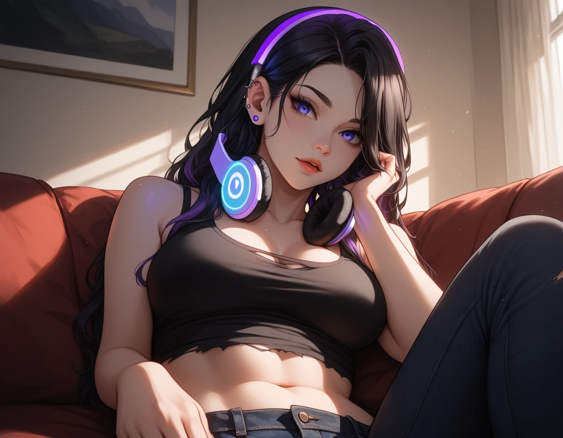 Cute young woman with long dark hair, (ponytail), wearing pajama pants and bikini top, (blue eyes) listening to music, ((tattoo sleeve)) ((wearing headphones)), sitting on couch, meditation pose, shadow, realistic, detailed, Cinematic light, intricate detail, highres, detailed facial features, high detail, sharp focus, smooth, aesthetic, extremely detailed, octane render