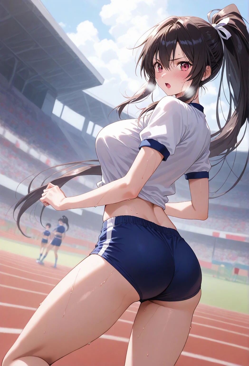 muste piece、masterpiece、highest quality、Super detailed、High resolution、8K portrait、High definition CG of Unity 8k wallpaper、cute type little:1.5、Lori:1.5、Highly detailed CG unity 8k wallpaper、Realistic、real person、 portrait photography、shiny skin、High definition、(:1.2)、(1 girl)、beautiful clear eyes、extremely detailed description、delicate face、nice lips、slender body、medium breasts、thin waist、thin legs、(Atlantic stadium track:1.6)、1 girl, cute type, perfect face, seriously, (blush:1.5),(black hair bun hair:1.3),(medium breasts:1.4),((short sleeve gym clothes:1.2)),((clothes lift:1.5)), ((half nude:1.3)),((climax in vagina:1.5)),(looking at view:1.2),(from front:1.2),gran,(take a pose:1.2),(wearing shoes:1.2)